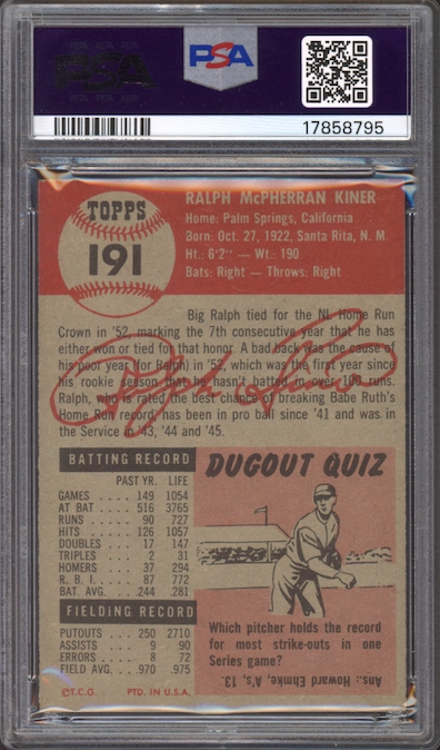 1953 Topps #191 Ralph Kiner PSA MINT 9