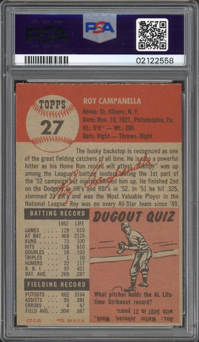 1953 Topps #27 Roy Campanella PSA MINT 9