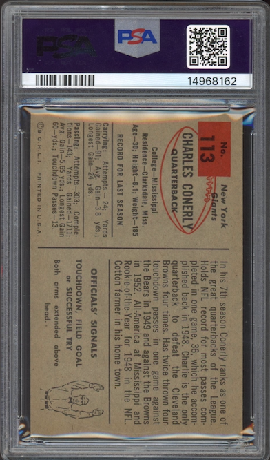 1954 Bowman #113 Charles Conerly PSA MINT 9