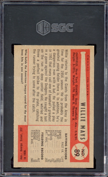 1954 Bowman #89 Willie Mays SGC NM-MT 8