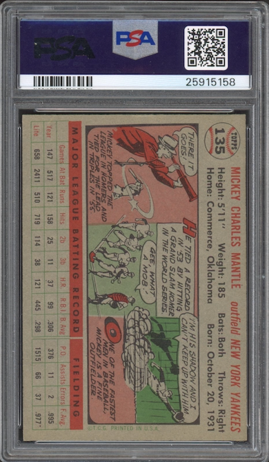 1956 Topps #135 Mickey Mantle Gray Back PSA NM-MT 8