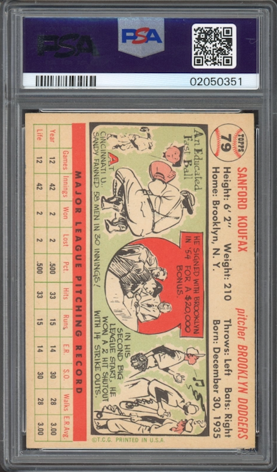 1956 Topps #79 Sandy Koufax White Back PSA NM-MT 8