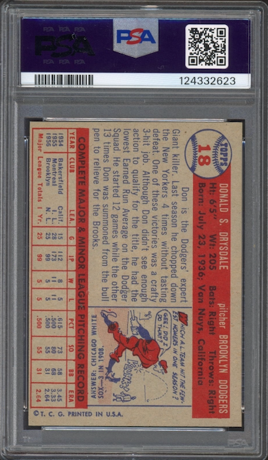 1957 Topps #18 Don Drysdale ROOKIE PSA MINT 9
