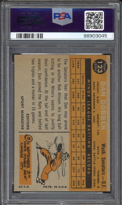 1960 Topps #123 Dan Dobbek ROOKIE Star PSA NM-MT 8