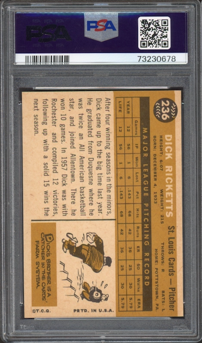 1960 Topps #236 Dick Ricketts PSA NM-MT 8