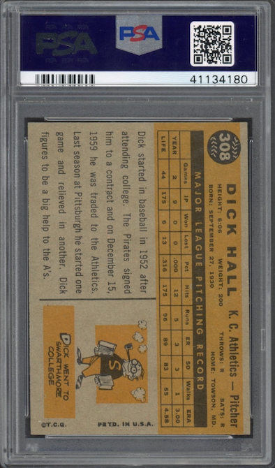 1960 Topps #308 Dick Hall PSA NM-MT 8