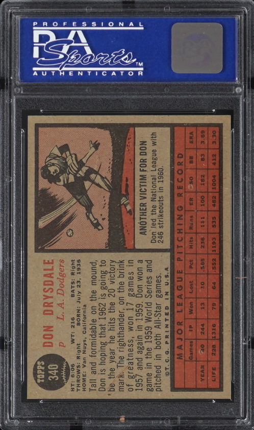 1962 Topps #340 Don Drysdale PSA 8