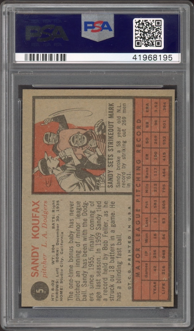 1962 Topps #5 Sandy Koufax PSA NM-MT 8