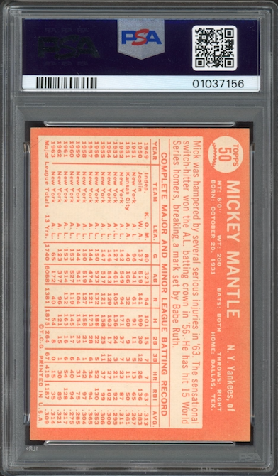 1964 Topps #50 Mickey Mantle PSA NM-MT 8