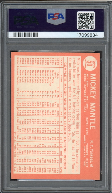 1964 Topps #50 Mickey Mantle PSA NM-MT 8