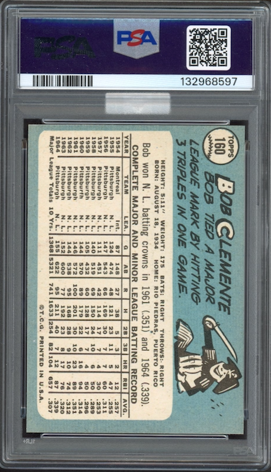 1965 Topps #160 Bob (Roberto) Clemente PSA MINT 9 (MBA Silver)