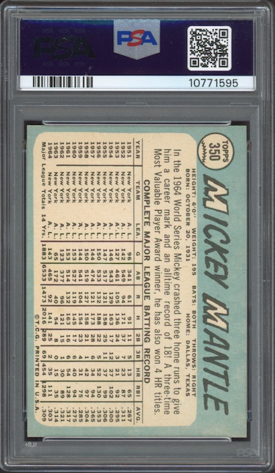 1965 Topps #350 Mickey Mantle PSA NM-MT 8