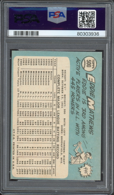 1965 Topps #500 Eddie Mathews PSA MINT 9