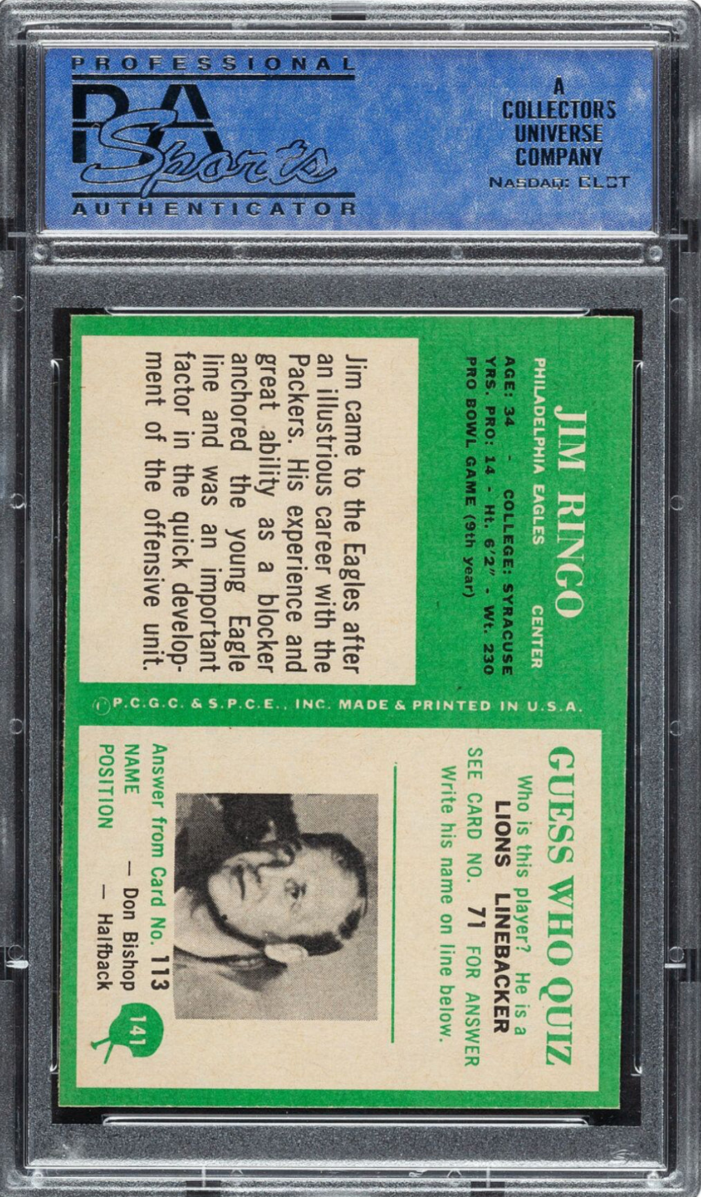 1966 Philadelphia #141 Jim Ringo PSA MINT 9