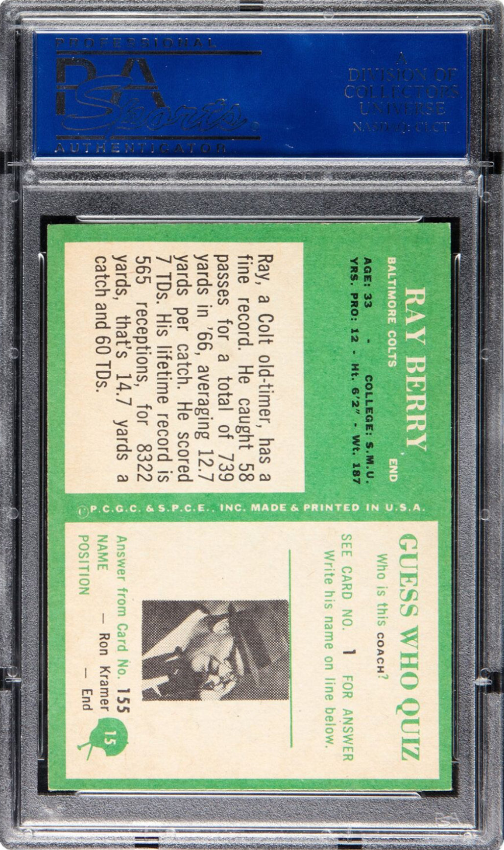 1966 Philadelphia #15 Raymond Berry PSA NM-MT 8