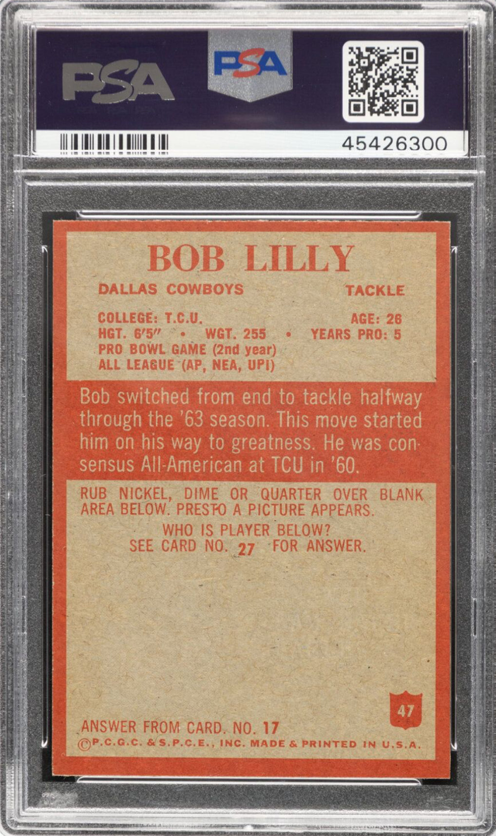 1965 Philadelphia #47 Bob Lilly PSA MINT 9