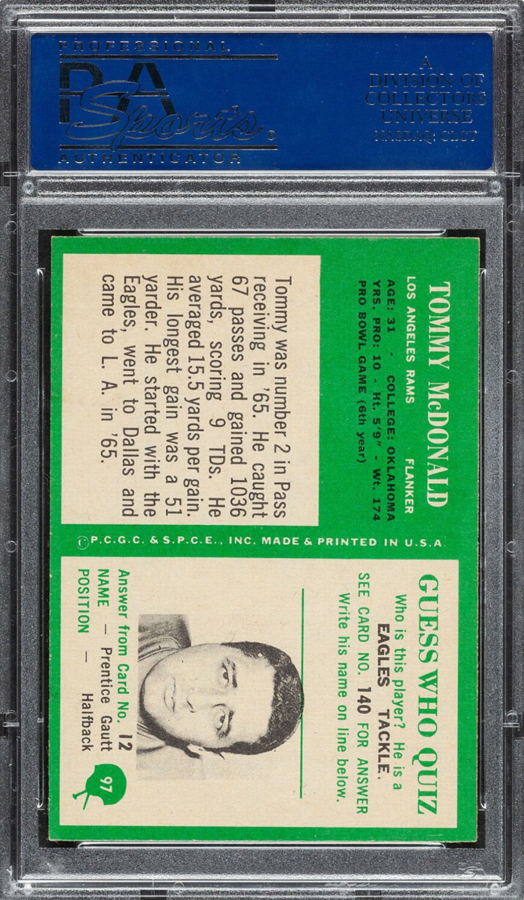 1966 Philadelphia #97 Tommy McDonald PSA MINT 9