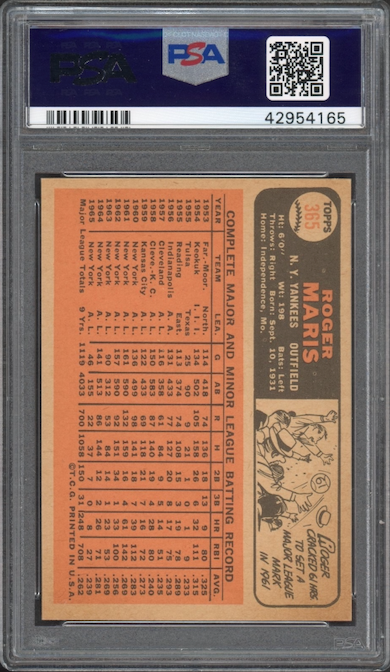 1966 Topps #365 Roger Maris PSA MINT 9