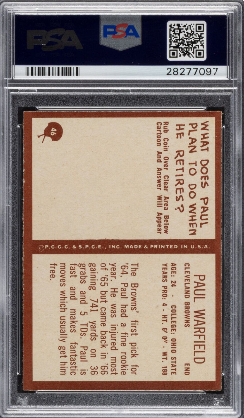1967 Philadelphia #46 Paul Warfield PSA MINT 9