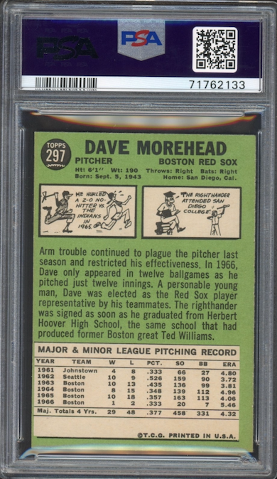 1967 Topps #297 Dave Morehead PSA NM-MT 8