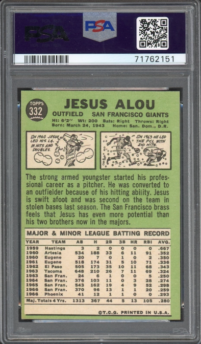 1967 Topps #332 Jesus Alou PSA NM-MT 8