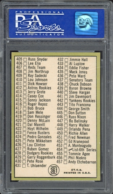 1967 Topps #361 Checklist 371-457 (Roberto Clemente on Card) PSA NM-MT 8
