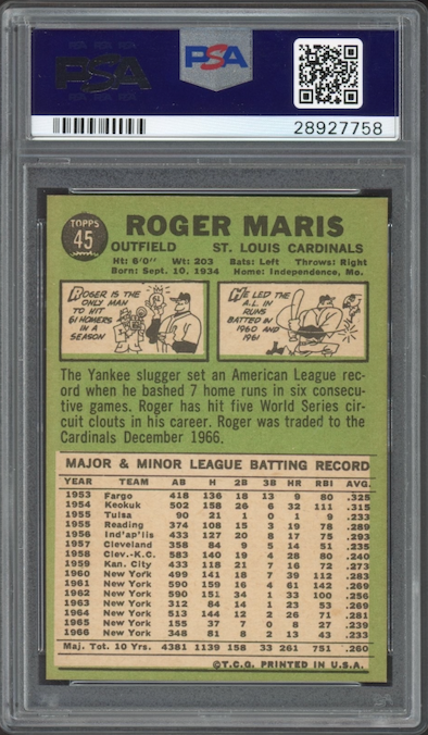 1967 Topps #45 Roger Maris PSA MINT 9