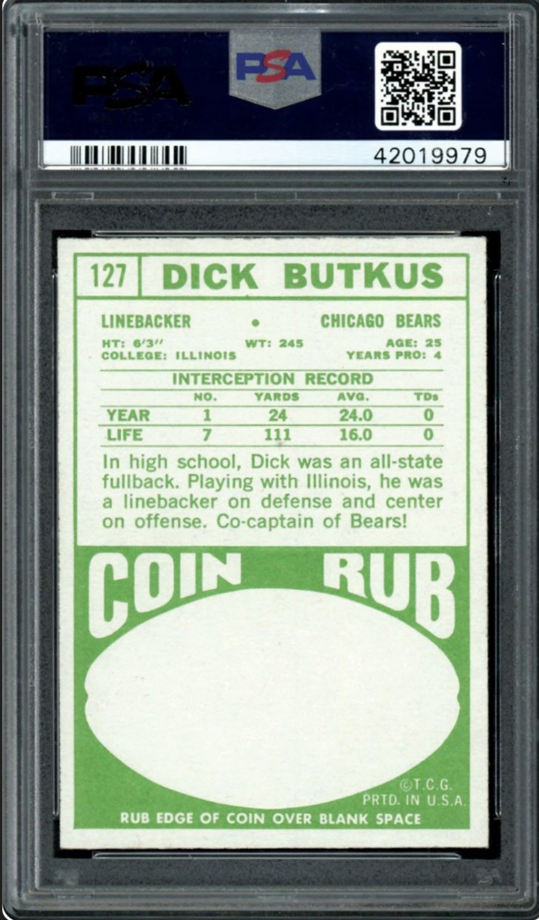 1968 Topps #127 Dick Butkus PSA MINT 9