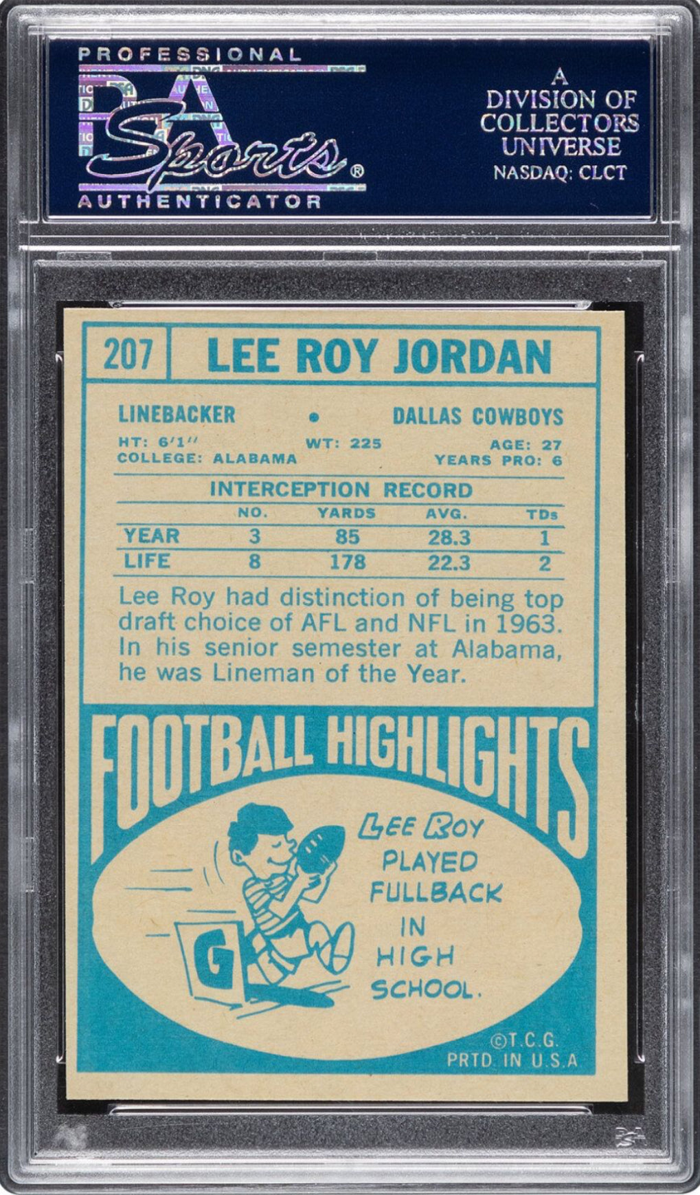 1968 Topps #207 Lee Roy Jordan PSA GEM MINT 10