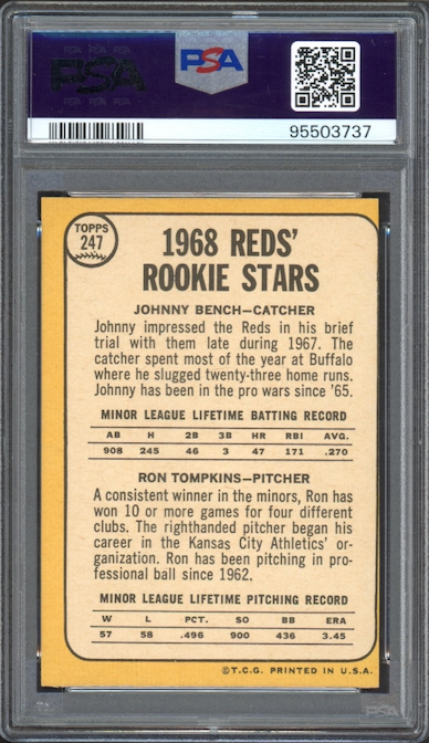 1968 Topps #247 Reds Rookies J. Bench/R. Tompkins PSA MINT 9 OC