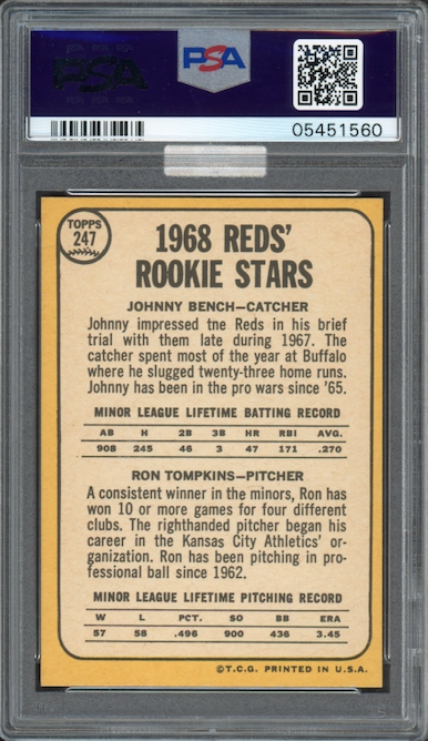 1968 Topps #247 Reds Rookies Johnny Bench ROOKIE PSA MINT 9