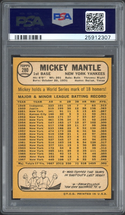 1968 Topps #280 Mickey Mantle PSA MINT 9