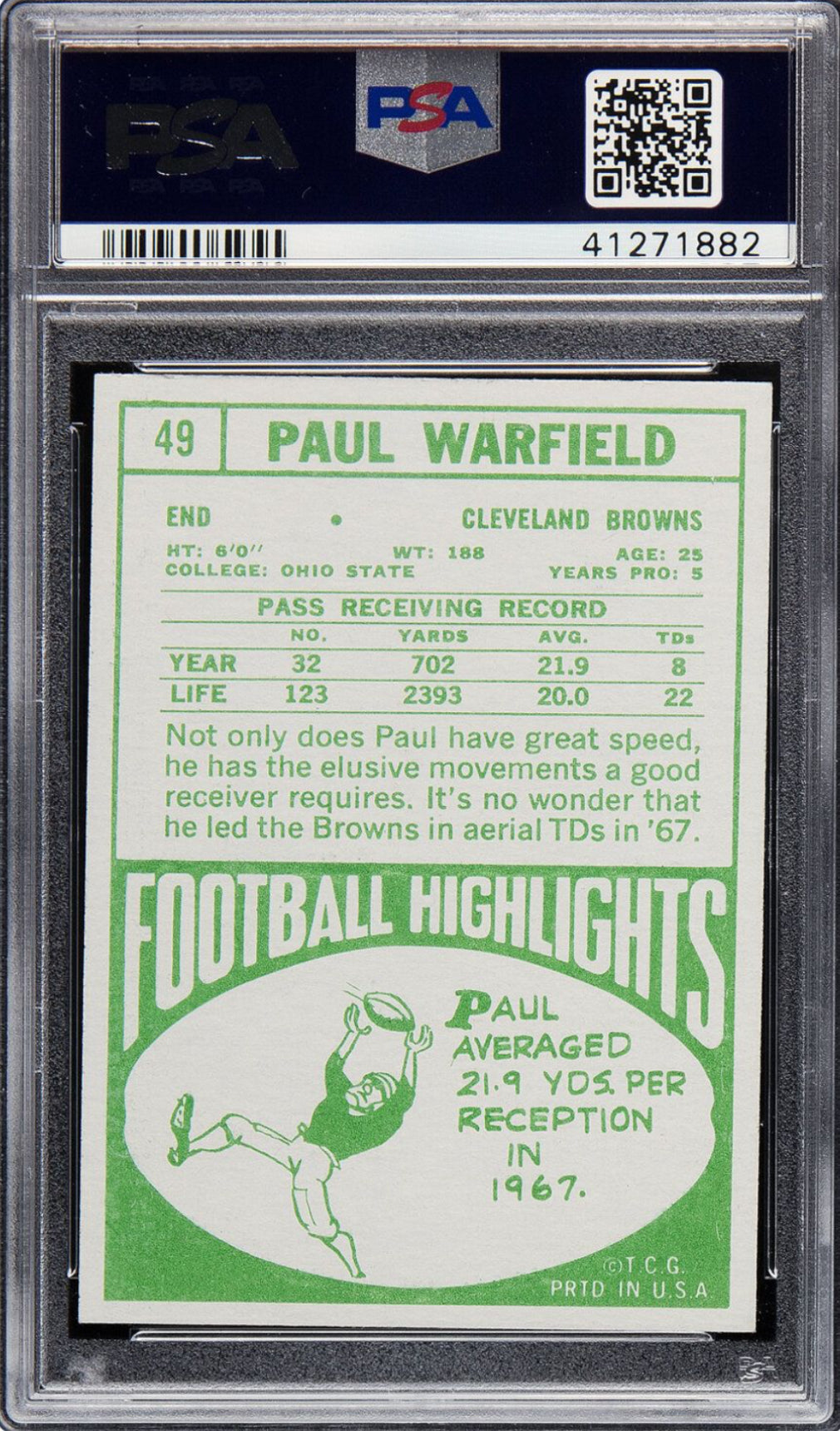 1968 Topps #49 Paul Warfield PSA MINT 9