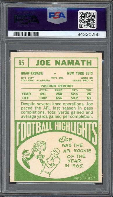 1968 Topps #65 Joe Namath PSA VG-EX 4