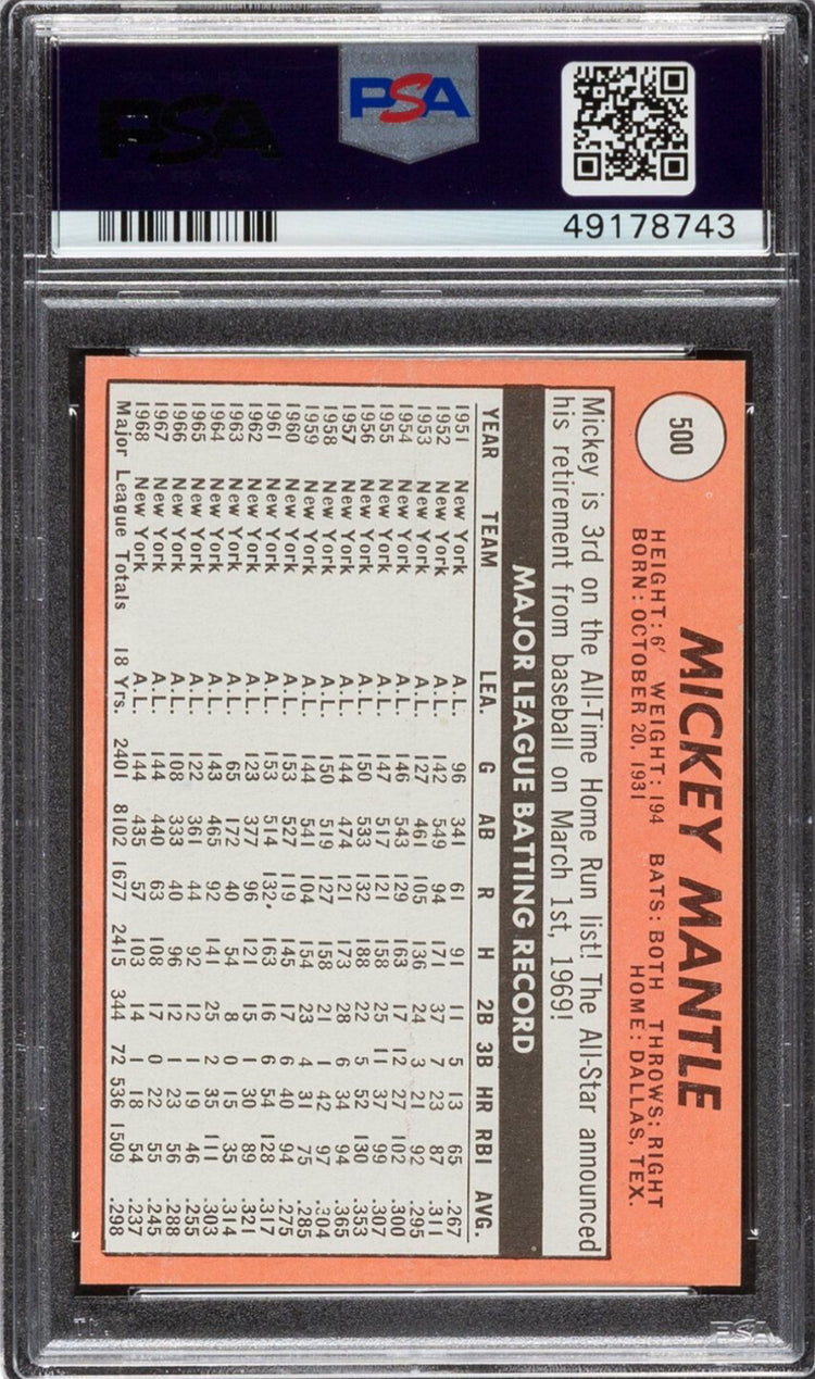 1969 Topps #500 Mickey Mantle Last Name Yellow PSA NM-MT 8