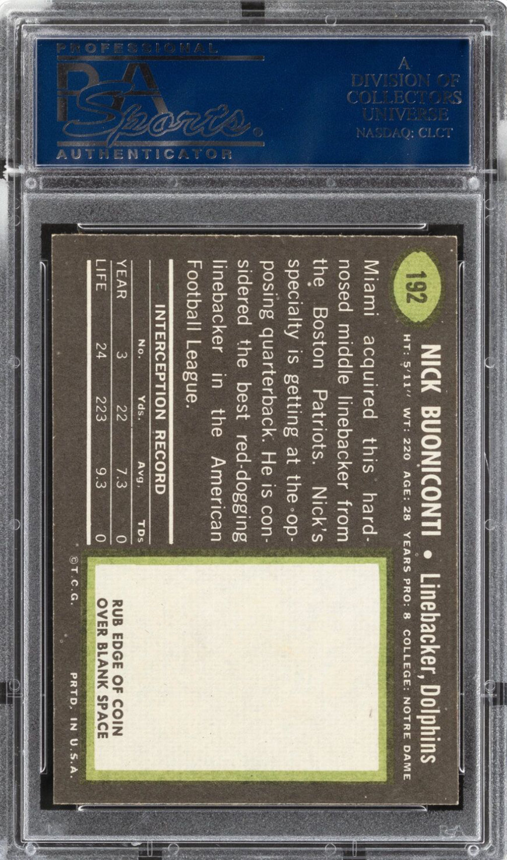 1969 Topps #192 Nick Buoniconti PSA MINT 9