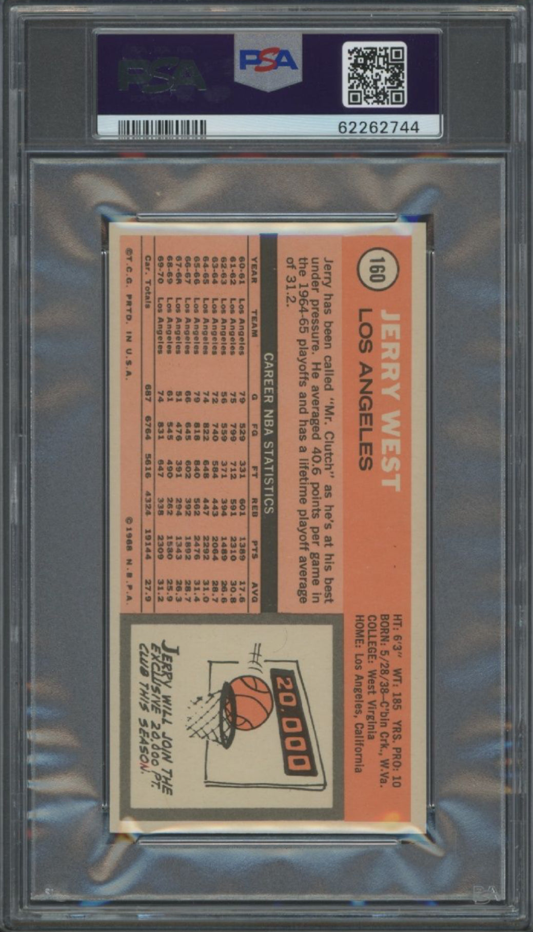 1970 Topps #160 Jerry West PSA NM-MT 8