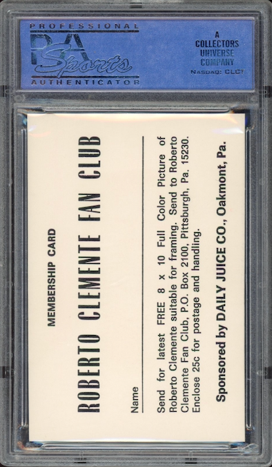 1972 Daily Juice Co. Roberto Clemente Membership Card PSA NM-MT 8