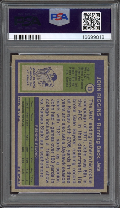 1972 Topps #13 John Riggins ROOKIE PSA MINT 9
