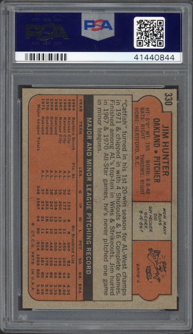 1972 Topps #330 Jim Hunter PSA GEM MINT 10