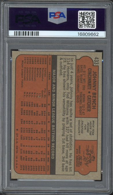1972 Topps #433 Johnny Bench PSA MINT 9