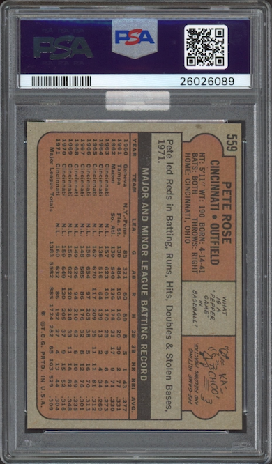1972 Topps #559 Pete Rose PSA MINT 9 (MBA GOLD)