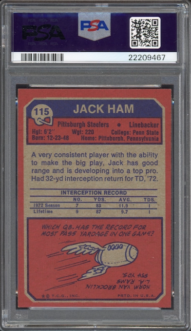 1973 Topps #115 Jack Ham ROOKIE PSA MINT 9