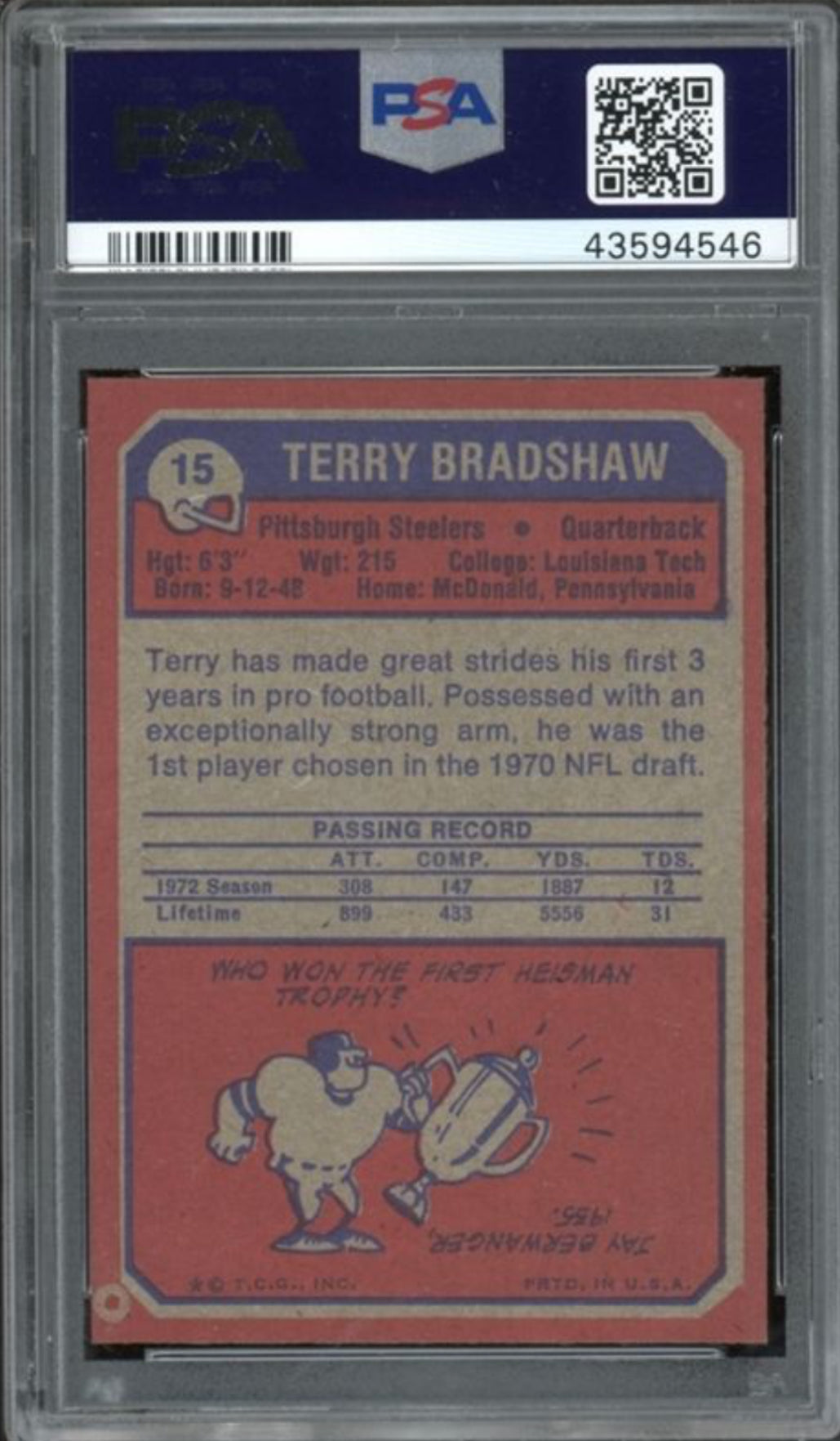 1973 Topps #15 Terry Bradshaw PSA MINT 9
