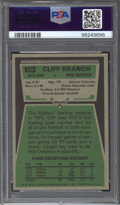 1975 Topps #524 Cliff Branch ROOKIE PSA MINT 9