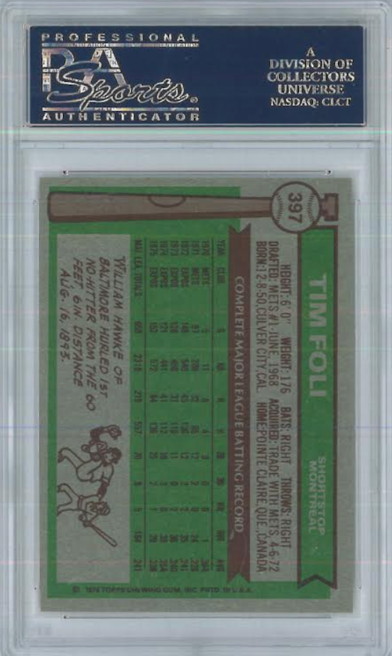 1976 Topps #397 Jim Foli PSA MINT 9