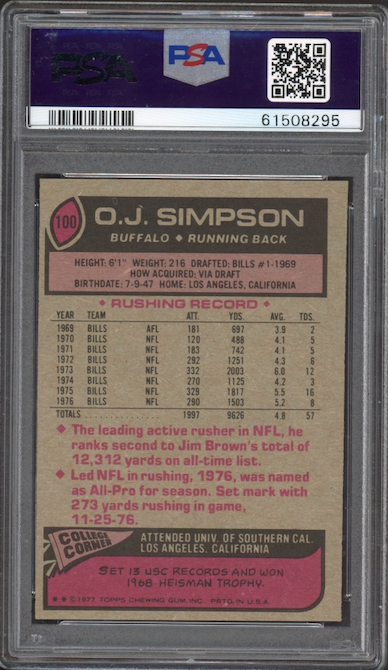 1977 Topps #100 O.J. Simpson All-Pro PSA GEM MINT 10