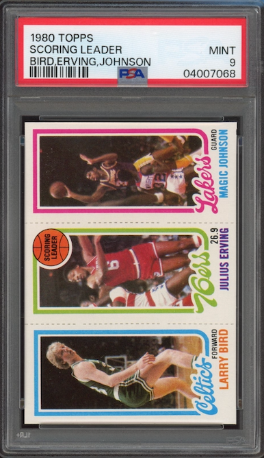 1980 Scoring Leader Bird, Erving, Johnson Larry Bird/Magic Johnson ROOKIE PSA MINT 9