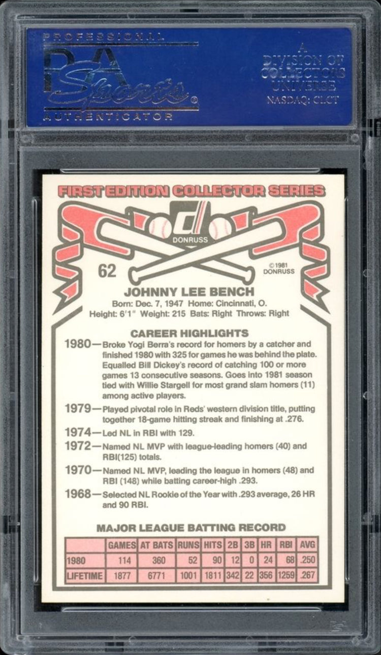 1981 Donruss #62 Johnny Bench PSA 10