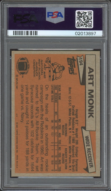 1981 Topps #194 Art Monk ROOKIE PSA GEM MINT 10